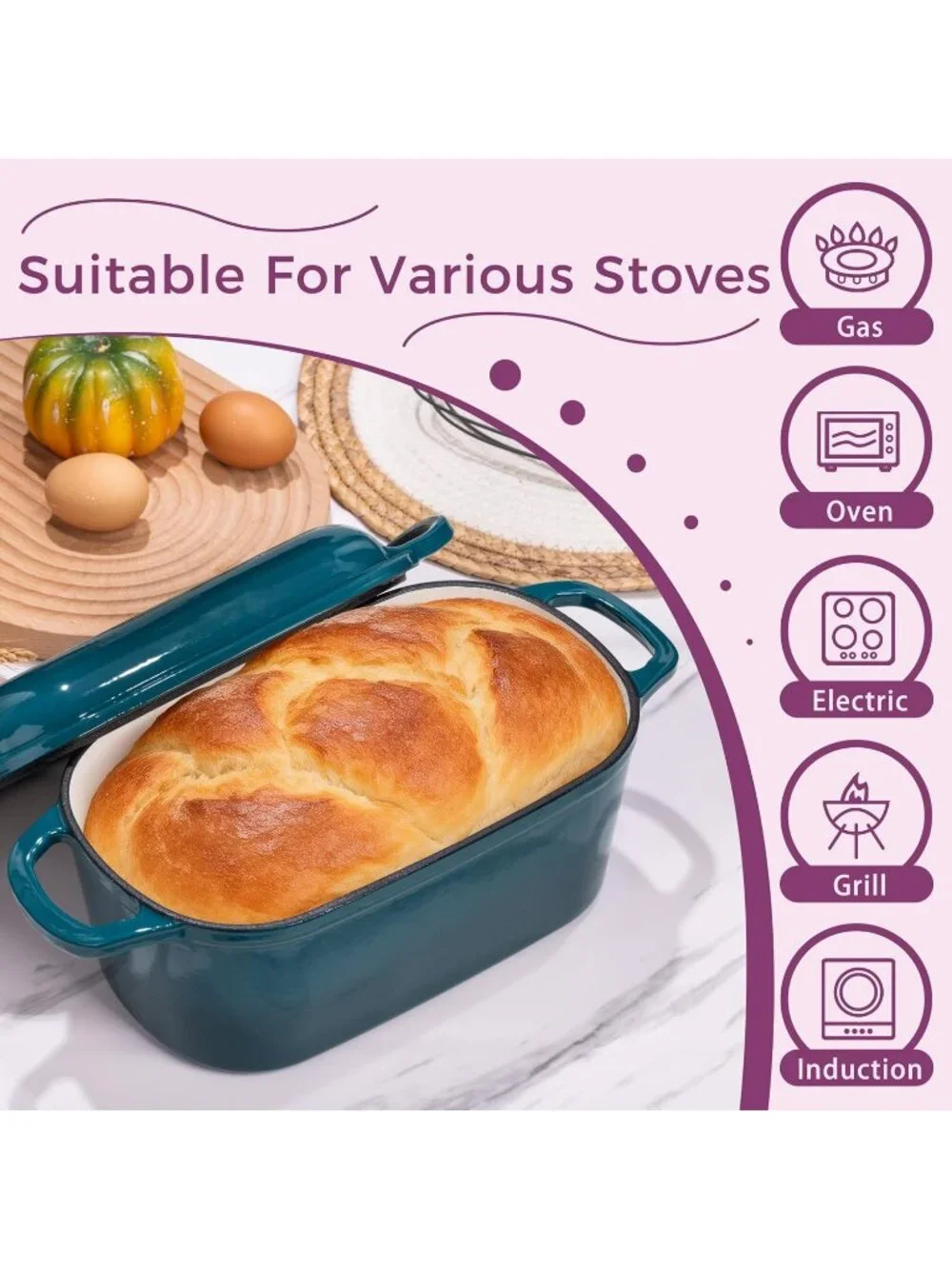 4.6-Quart Teal Oval Dutch Oven for Bread Baking 2 in 1 Enameled Cast Iron Pan
